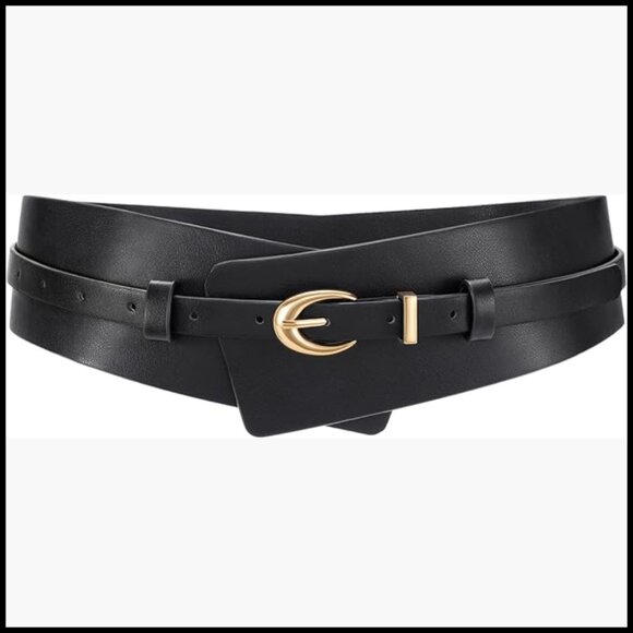 Women Wide PU Leather Belt 2-in-1 Waistband with Skinny Belt